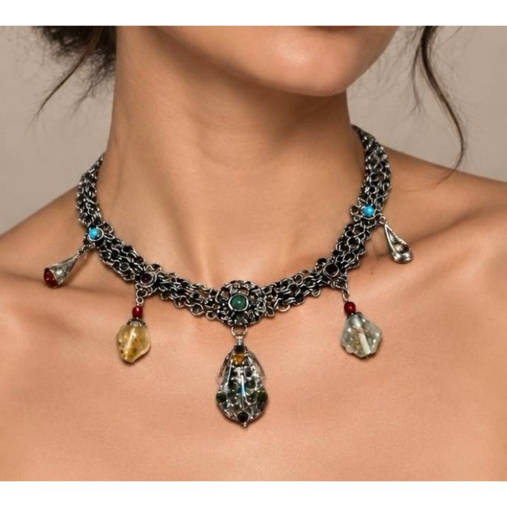 Robert Rose Bohemian Silver Tone Multi Strand Necklace Mixed Stones Pendants